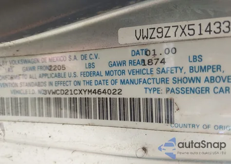 2000 Volkswagen New Beetle Gls 1.8L Turbo z USA, uszkodzony, nr VIN 3VWCD21CXYM464022